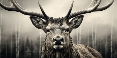 Poster - A black and white photo of a deer with antlers. Suitable for nature enthusiasts and wildlife lovers