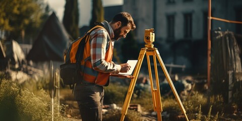 Poster - A man wearing an orange vest is using a tripod. This versatile image can be used to depict photography, videography, or any creative project that involves the use of a tripod