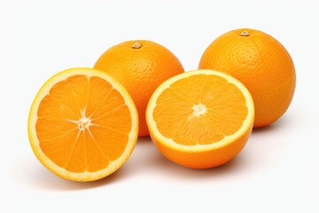 Poster - A group of oranges cut in half resting on a white surface. Perfect for food-related projects and recipes