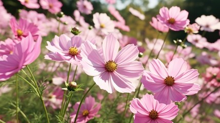 Poster - A beautiful field of pink flowers basking in the warm sunlight. Perfect for adding a touch of nature and tranquility to any project