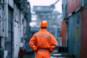 An engineer in an orange jacket, hard hat, and uniform standing in an industrial warehouse. The technician outside the warehouse in front of machinery, capturing the essence of industrial landscapes.