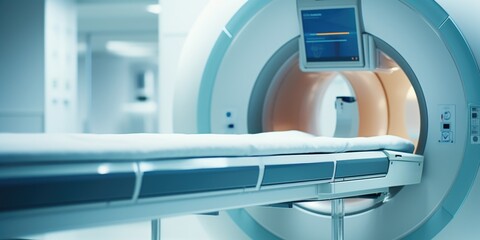 Poster - Hospital room with a bed and an MRI machine. Ideal for medical and healthcare-related projects