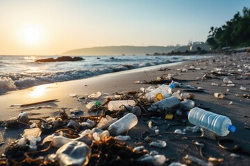Poster - A beach covered in lots of trash next to the ocean. Suitable for environmental awareness campaigns
