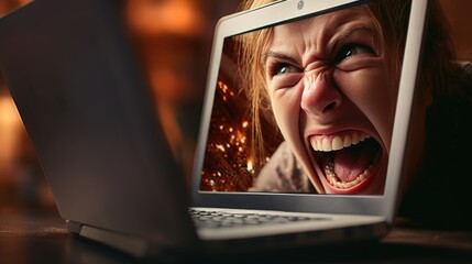 Poster - A woman is captured in a moment of intense frustration as she screams in front of her laptop. This image can be used to depict stress, technology issues, or work-related frustration