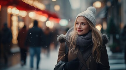 Poster - A woman walking down a street covered in snow. Perfect for winter-themed designs or illustrating a peaceful winter scene