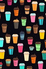 Wall Mural - A collection of coffee cups arranged on a black background. Perfect for coffee shop promotions or caffeine-related designs