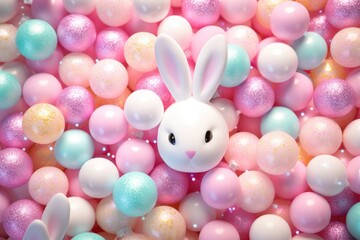 Aufkleber - A white bunny sitting in a pile of pink and blue balloons. Perfect for Easter or children's party themes