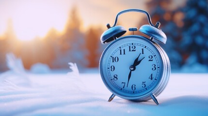 Poster - An alarm clock sitting on top of a snow covered ground. Perfect for illustrating the concept of waking up early or starting the day with a fresh start.