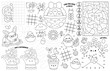 Vector kawaii Easter placemat for kids. Spring holiday printable activity mat with maze, tic tac toe charts, connect the dots, find difference. Black and white play mat, coloring page with bunny.