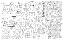 Vector Kawaii Easter Placemat For Kids. Spring Holiday Printable Activity Mat With Maze, Tic Tac Toe Charts, Connect The Dots, Find Difference. Black And White Play Mat, Coloring Page With Bunny.