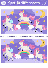 Wall Mural - Find differences game for children with unicorns. Fairytale educational activity with horse with horn, rainbow, magic night landscape background. Cute puzzle for kids with funny fantasy character.