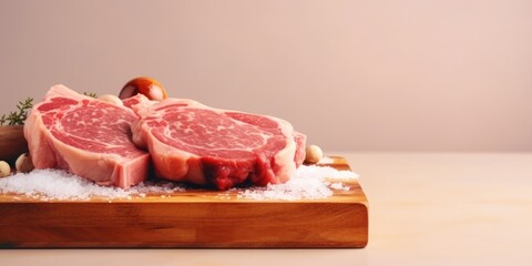 Poster - Fresh raw meat placed on a cutting board. Perfect for food preparation and cooking concepts