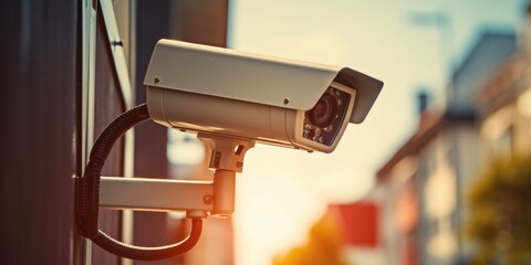 Poster - A security camera mounted on the side of a building. Can be used to monitor and record activities for safety purposes