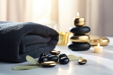 Poster - A pile of towels sitting on top of a white table. Can be used for bathroom or spa-related themes