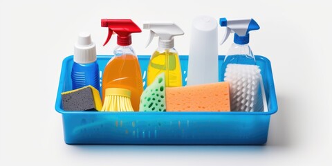 Poster - A blue container filled with various cleaning supplies placed on a clean white surface. Perfect for illustrating cleanliness and organization in household chores or professional cleaning services