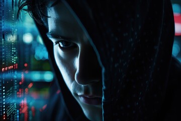 Aufkleber - A man wearing a hoodie is focused on the computer screen. This image can be used to illustrate technology, remote work, or online browsing