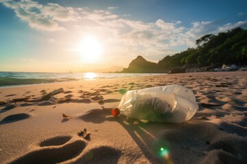Poster - A plastic bottle sitting on top of a sandy beach. Perfect for environmental awareness campaigns or beach clean-up promotions