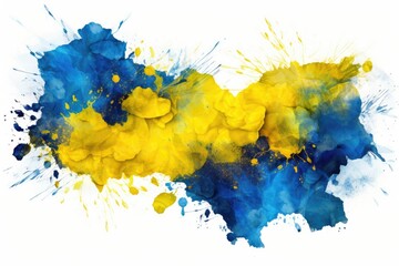 Poster - A vibrant mix of yellow and blue paint splattered on a clean white background. Perfect for adding a pop of color to any project or design