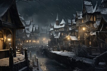 Poster - A picturesque snowy night in a charming town with a river running through it. Perfect for winter-themed designs and holiday promotions