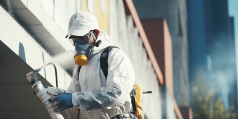 Aufkleber - A man in a white suit is seen spraying a building with a spray gun. This image can be used to depict maintenance, construction, or renovation work