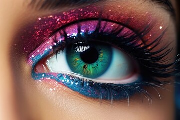 Poster - A close-up view of a person's eye with shimmering glitter. This image can be used to add a touch of sparkle and glamour to various projects