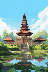 Aufkleber - A painting of a pagoda situated in the center of a serene lake. Perfect for adding a touch of tranquility and spirituality to any project