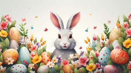 Wall Mural - A rabbit sitting peacefully in the middle of a field of colorful flowers. Perfect for nature and animal lovers.