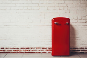 Aufkleber - A red refrigerator is pictured against a white brick wall. This image can be used to depict a modern kitchen or a stylish interior design concept