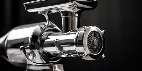 Poster - Close up of a meat grinder on a black background. Can be used for food preparation or cooking concepts