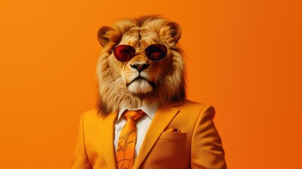 Aufkleber - Lion wearing a suit and sunglasses against a vibrant orange background. Perfect for adding a touch of style and humor to any project