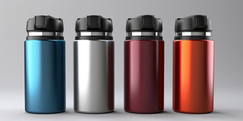 Poster - Four different colored water bottles lined up in a row. Suitable for various uses