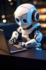 A robot sitting at a table, engaged in work on a laptop. Suitable for technology and artificial intelligence concepts