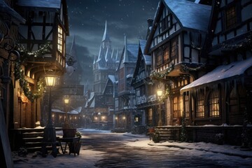 Poster - A snowy street with a bench in the middle. Perfect for winter-themed projects