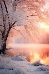 Aufkleber - A serene winter landscape featuring a snow-covered lake surrounded by trees. Perfect for capturing the beauty of nature in the winter season