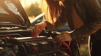 Poster - A woman is seen working on a car's engine. This image can be used to illustrate car repairs or automotive maintenance