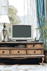 Poster - A drawing of a TV on a dresser in a living room. This image can be used to depict a modern home interior or to illustrate the concept of entertainment and relaxation in a living space