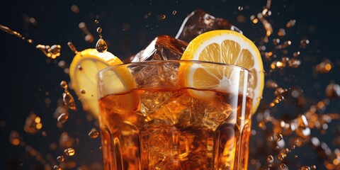 Poster - A glass of iced tea with lemon slices and ice, perfect for a hot summer day. Can be used in beverage advertisements or as a refreshing image for lifestyle blogs