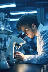 Aufkleber - A man in a lab coat is using a microscope to study a specimen. This image can be used to depict scientific research, laboratory work, or education