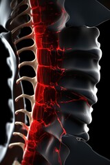 Poster - A detailed close-up of the back of a skeleton, showcasing its red spine. This image can be used for educational purposes or in Halloween-themed designs
