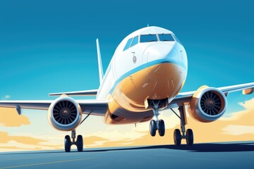 Poster - A large jetliner parked on top of an airport runway. Perfect for aviation enthusiasts and travel-related projects