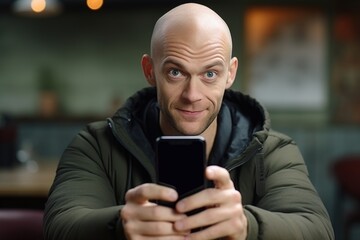 Poster - A bald man is focused on his cell phone. This image can be used to depict technology addiction or modern communication habits