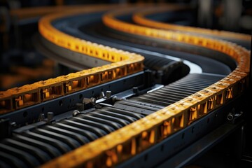 Poster - A detailed close-up of a conveyor belt in a factory. This image can be used to depict industrial processes or manufacturing operations.