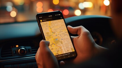 Poster - A person using a cell phone while seated in a car. Suitable for illustrating distracted driving or technology in vehicles