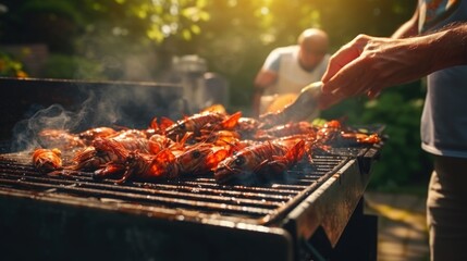 Wall Mural - A man is grilling meat on a grill. This image can be used to depict outdoor cooking or barbecues
