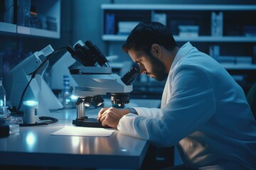 Aufkleber - A man in a lab coat examining something under a microscope. Ideal for scientific research or educational purposes