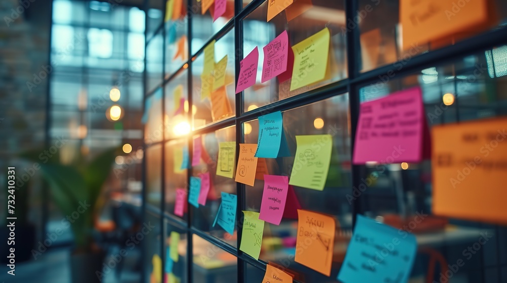 A glass wall in an office setting is covered with colorful sticky notes ...