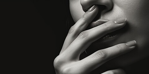 Poster - A black and white photo of a woman with her hand on her mouth. Can be used to depict surprise, shock, secrecy, or a moment of silence