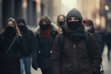 Aufkleber - A group of people walking together on a busy city street. Perfect for illustrating urban life and community.