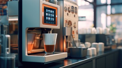 Poster - A coffee machine with a cup of coffee in front of it. Perfect for illustrating the process of making coffee or showcasing a coffee shop ambiance