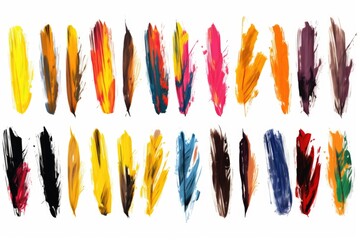 Poster - Colorful feathers arranged together on a clean white background. Perfect for adding a vibrant touch to any project